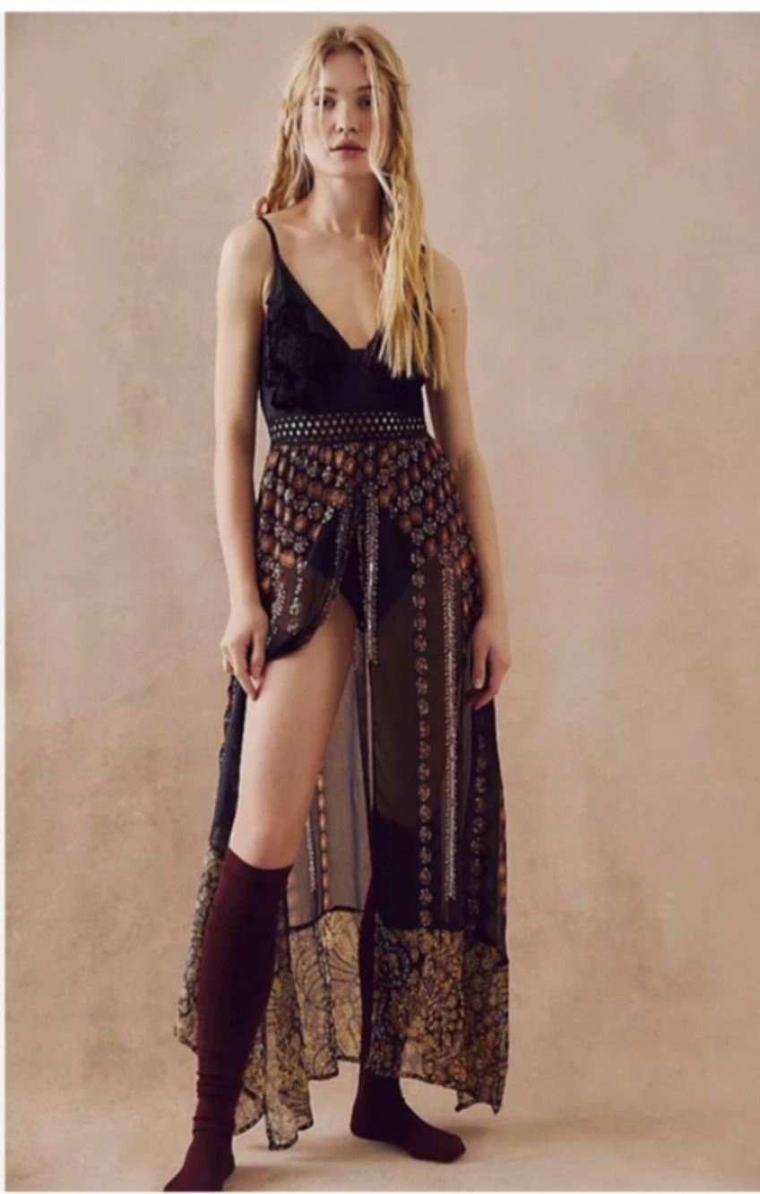 NEW Intimately Free People L Calypso Bodysuit Maxi Dress $228 Sheer Lining A20